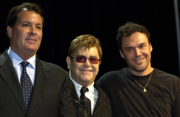 Elton John with Mark Juliano and David LaChapelle at the Caesars Palace announcement for extended ’The Million Dollar Piano’ residency