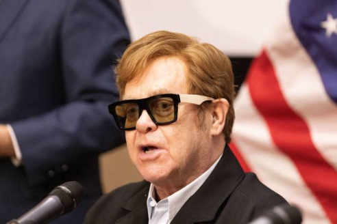 Sir Elton John speaks at a press conference with U.S. senators at the Saxon Hotel in Johannesburg, February 23, 2023