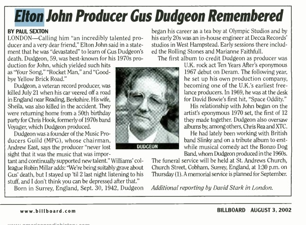 Billboard Aug 3, 2002 tribute to producer Gus Dudgeon mentioning Elton John’s statement