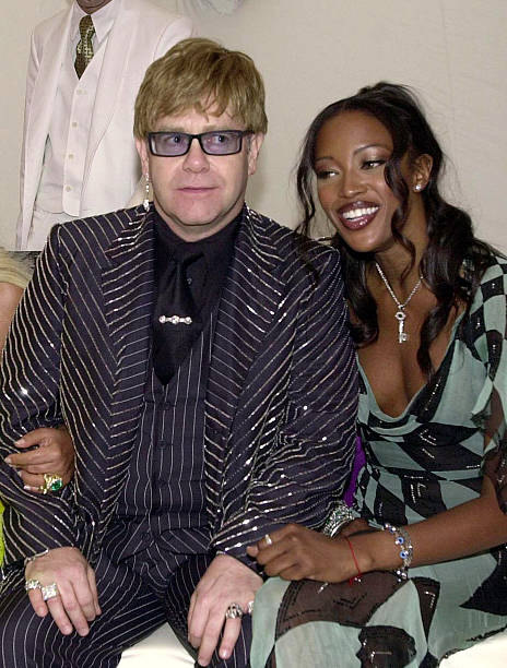 Sir Elton John and Naomi Campbell at Vogue's charity fashion show at Waddesdon Manor, June 11, 2001