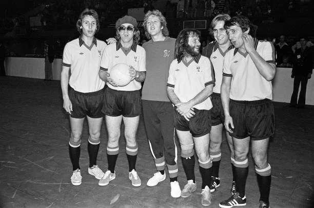Elton John was pictured at Wembley during a five-a-side football match, which his team won, at Empire Pool, Wembley, on 6th November 1977.