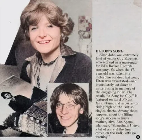 Elton composes Song for Guy, unaware that Guy Burchett had passed away that same day.