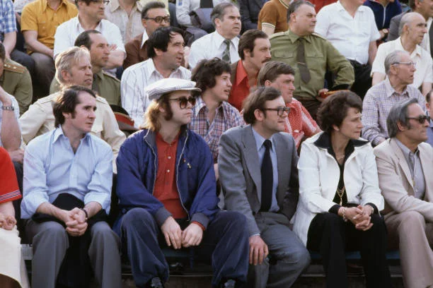 Elton In Russia British singer-songwriter Elton John (foreground, centre, left) during a tour of the former Soviet Union, May 1979. John's concerts were the first by a western rock star in the Eastern Bloc.