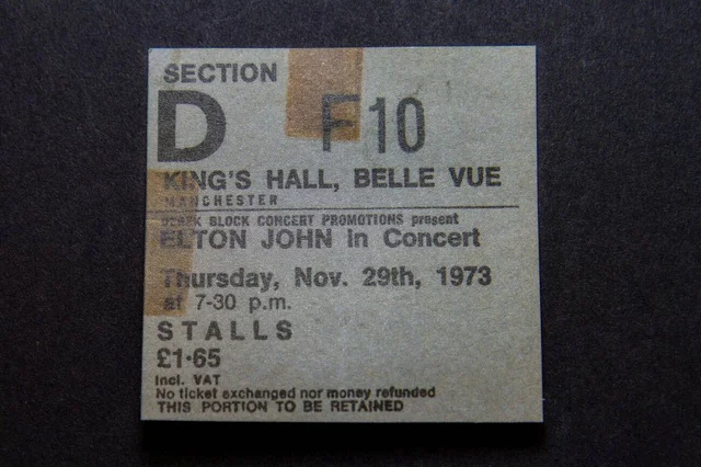 A replica concert ticket for Elton John at King's Hall, Manchester on 29th November 1973, part of a school 1970s Childhood memorabilia pack.