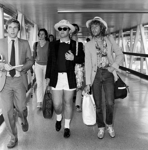Elton John arriving at Heathrow Airport from Antigua. 20th August 1981.
