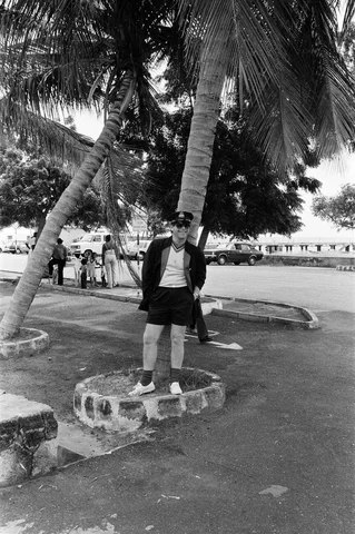 elton john wearing a watford fc shirt on the caribbean island of montserrat elton is on the island to record his new album at air studios october 1982