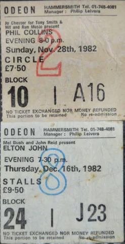 Hammersmith Odeon Tickets 1982 Music memorabilia - Concert tickets for shows by Phil Collins and Elton John at Hammersmith Odeon, London in 1982