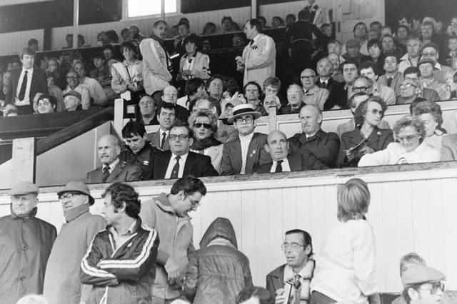 Rod Stewart sat in between Graham Taylor and Elton John in the Vicarage Road directors' box in September 1983 (Image: Watford Observer)