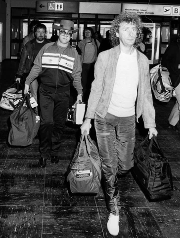 Elton John  arrival at the airport Munich Riem, Germany, 22.5.1984