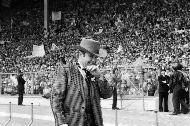 1984 FA Cup Final at Wembley Stadium. Watford chairman Elton John pictured before kick off. Final score Everton 2 v Watford FC 0. 19th May 1984.
