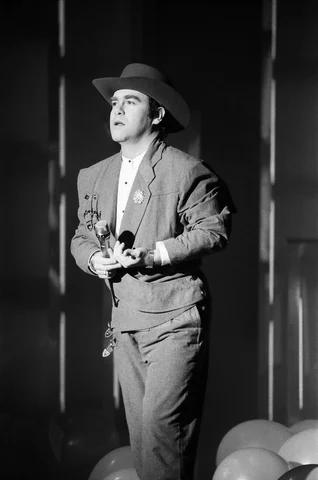 Elton John performing at the Montreaux Pop Festival. 18th May 1984.
