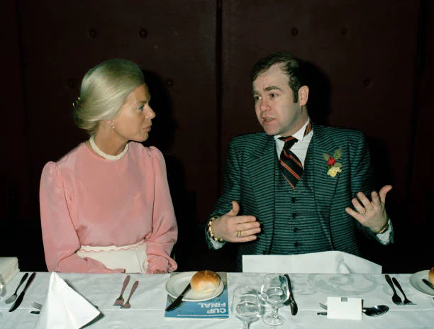 Watford chairman Elton John chatting to HRH The Duchess of Kent during the pre-match lunch prior to the FA Cup Final against Everton held at Wembley Stadium, London on 19th May 1984. Everton beat Watford 2-0