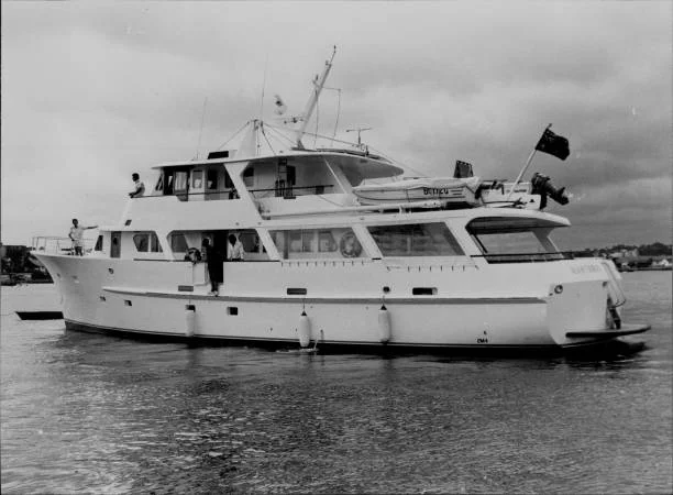 The boat for Elton John's Birthday party, the luxury cruiser "Montraray" at Birkenhead point. The boat for Elton John's Birthday party, the luxury cruiser "Montraray" at Birkenhead point. March 21, 1984.