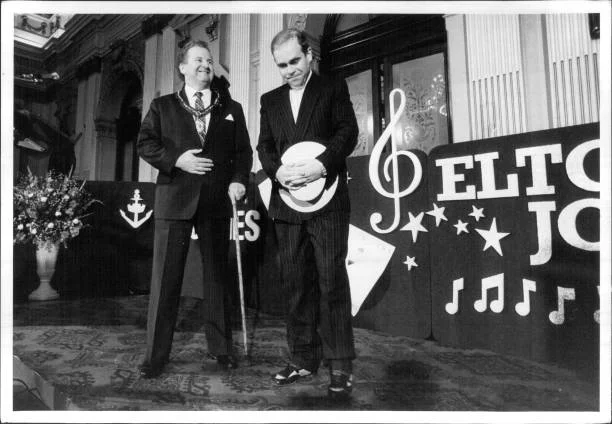 Lord Mayor Doug Sutherland and his saviour Elton John. March 20, 1984.