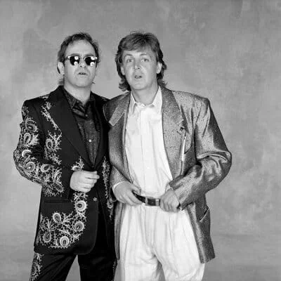 Elton John and Paul McCartney were backstage at the Prince's Trust 10th Anniversary Rock Gala at Wembley Arena, London, on June 20, 1986.