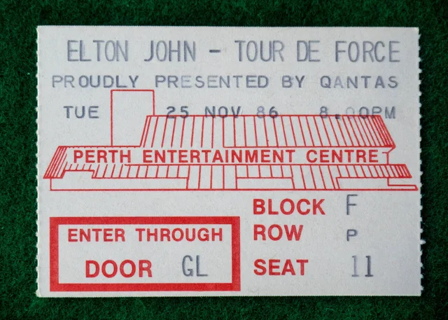 Ticket for Elton John concert at Perth Entertainment Centre in 1986 WA Australia.