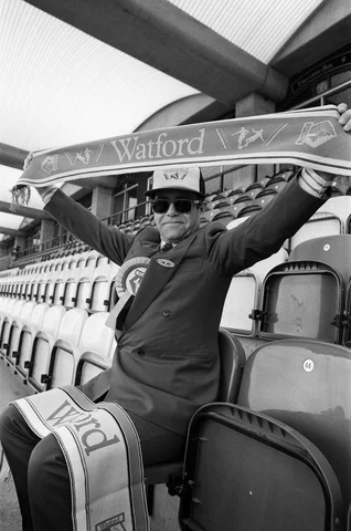 Watford FC Chairman Elton John at Vicarage Road, home of Watford football club. 18th October 1986.