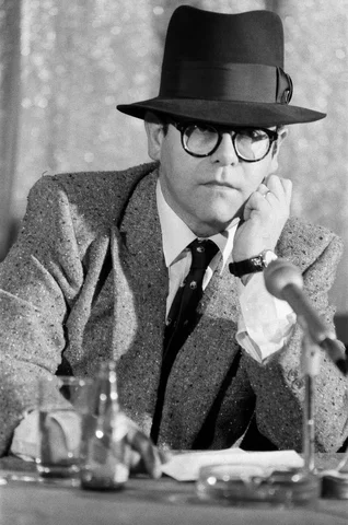 Elton John, pictured during a press statement about his £2 Million sale of Watford FC. 8th December 1987.