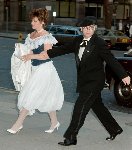 May 2, 1988: Elton John & wife Renate Blauel attend a gala charity performance of 'Back With A Vengeance' at the Strand Theatre, London.