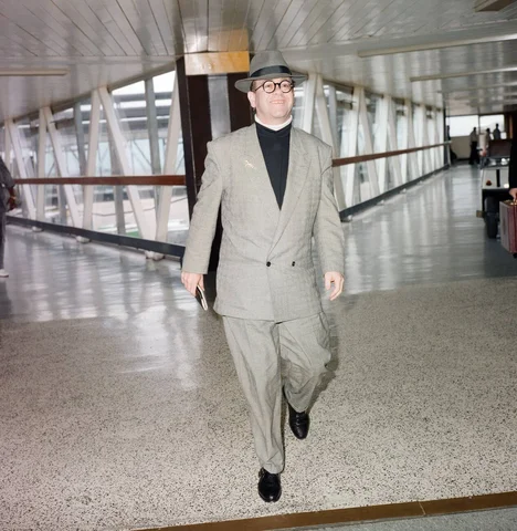 Elton John at London Airport. 29th July 1988.