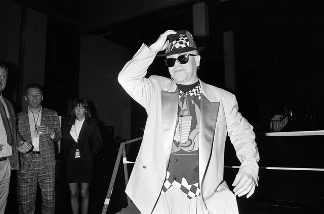 An unexpected photo call with Elton John. He is performing at the National Exhibition Centre, Birmingham, on his Reg Strikes Back Tour. This is the launch of the British leg of his 18 month world tour. 17th May 1989.