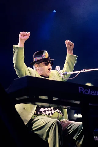 Elton John performing at Madison Square Garden in New York City on October 6, 1989.