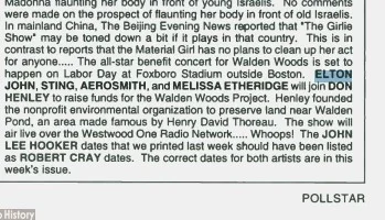 Pollstar – August 16, 1993  Mentions Elton John's participation in a benefit concert alongside Sting, Aerosmith, and Melissa Etheridge.