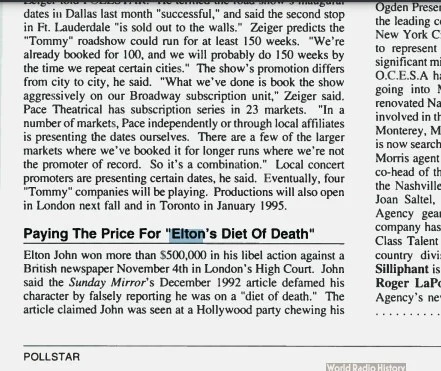 Pollstar – November 8, 1993 Covers Elton John's successful libel lawsuit against a British newspaper, awarding him over $500,000 in damages.