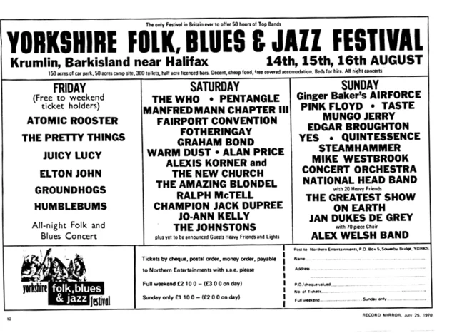 Elton John / The Pretty Things / Groundhogs / Juicy Lucy  Aug 14, 1970   Krumlin, England, United Kingdom