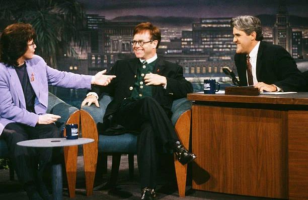 THE TONIGHT SHOW WITH JAY LENO -- Episode 306 -- Pictured: (l-r) Former tennis player Billie Jean King, musical guest Elton John, during an interview with host Jay Leno on September 20, 1993