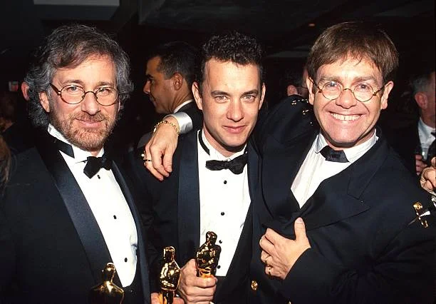 Steven Spielberg, Tom Hanks, and Elton John during the 65th Annual Academy Awards – Elton John AIDS Foundation Party in Los Angeles, CA, on March 29, 1993.