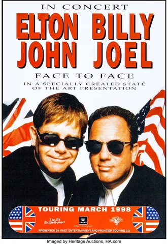 Face To Face 21 date American Face To Face Tour with Billy Joel. The first show is July 8 in Philadelphia PA and the last in Orlando FL on August 21.  The tour was Billy Joel's idea, and he approached Elton with it.