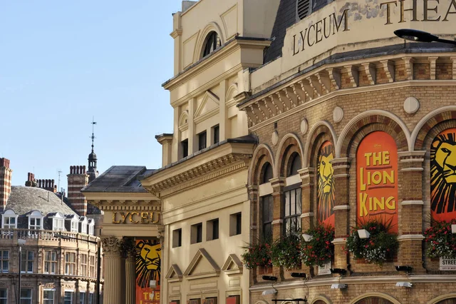 Lyceum Theatre, the Strand and Wellington St, Covent Garden. Showing the musical The Lion King, by Disney.