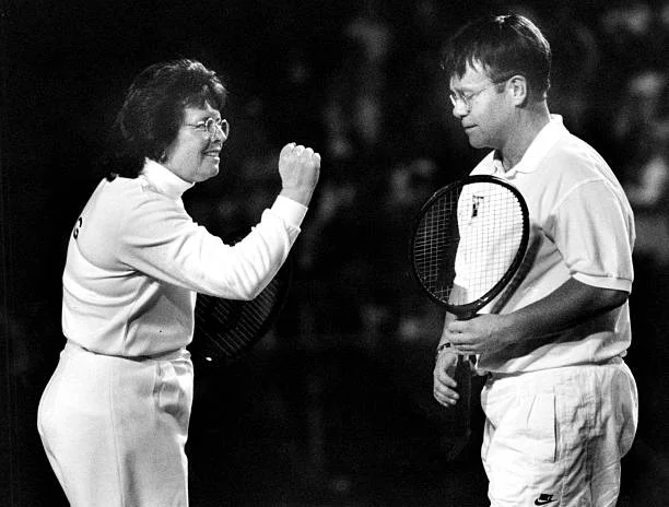 AUGUST 25: Billie Jean King and Elton John during their World Team Tennis match at Longwood Cricket Club in Brookline, Mass.