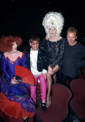 Sting (far right), Paul O'Grady as Lily Savage (second right) and Elton John at the 1994 Stonewall Equality Show at the Royal Albert Hall in London, England on 23 October, 1994