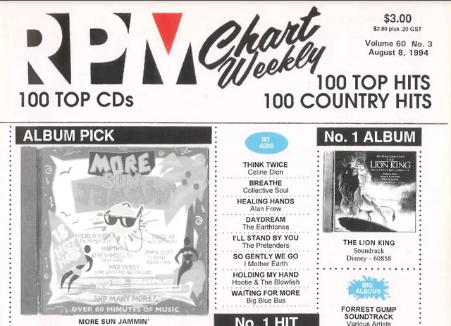 The August 8, 1994 issue of RPM magazine lists The Lion King soundtrack, featuring songs by Elton John, as number 1 in Canada, highlighting the album's international impact.