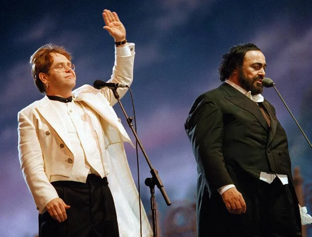 Elton John and Luciano Pavarotti at the fourth edition of the 'Pavarotti & Friends' concert in Modena, Italy, on June 8, 1996.