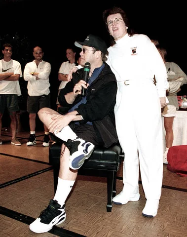 HOUSTON SEPTEMBER 12: Elton John and Billie Jean King attend Elton John & Billie Jean King Smash Hits at The Summit in Houston, Texas September 12, 199