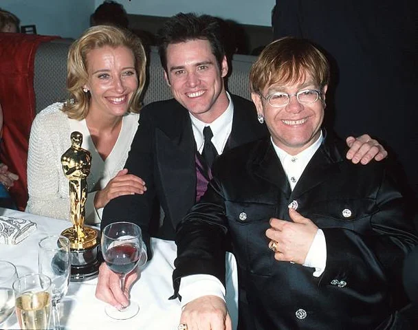 Jim Carrey, Emma Thompson and Elton John during The 68th Annual Academy Awards - Elton John AIDS Foundation Party in Los Angeles, California, United States