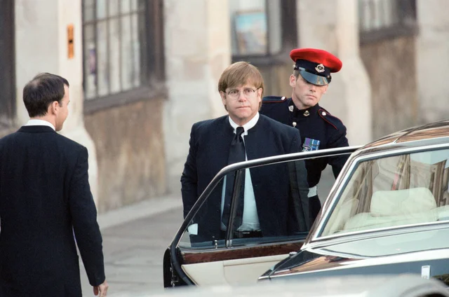 Elton John arriving at Princess Diana's funeral at Westminster Abbey. 6th September 1997.