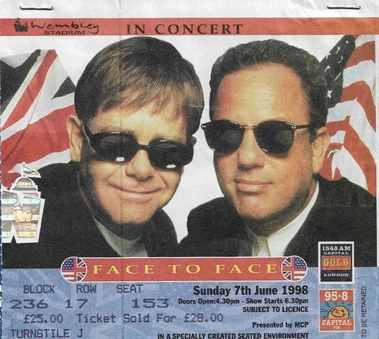 Jun 7 1998 concert ticket ENGLAND CONCERT - Face To Face - Wembley Stadium, London - Elton John & Billy Joel Billy Joel did not appear